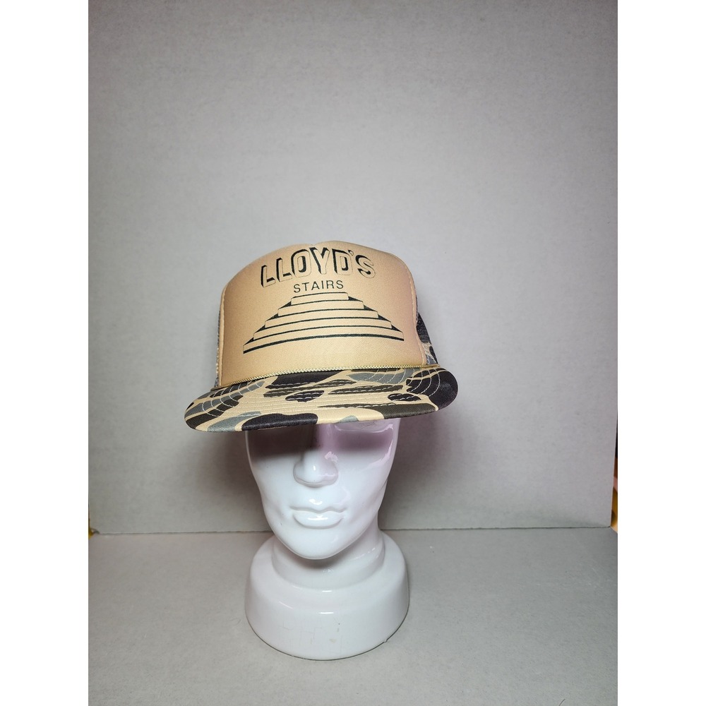 Vintage 70s Otto Cap Lloyds Stairs Trucker Hat Duck Camo Mesh Snapback Mens Tan
